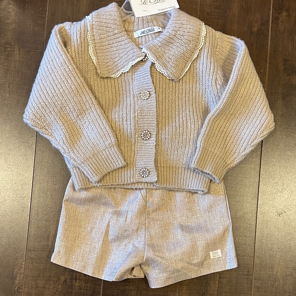 Knit Cardigan with Collar Detail and Shorts Set